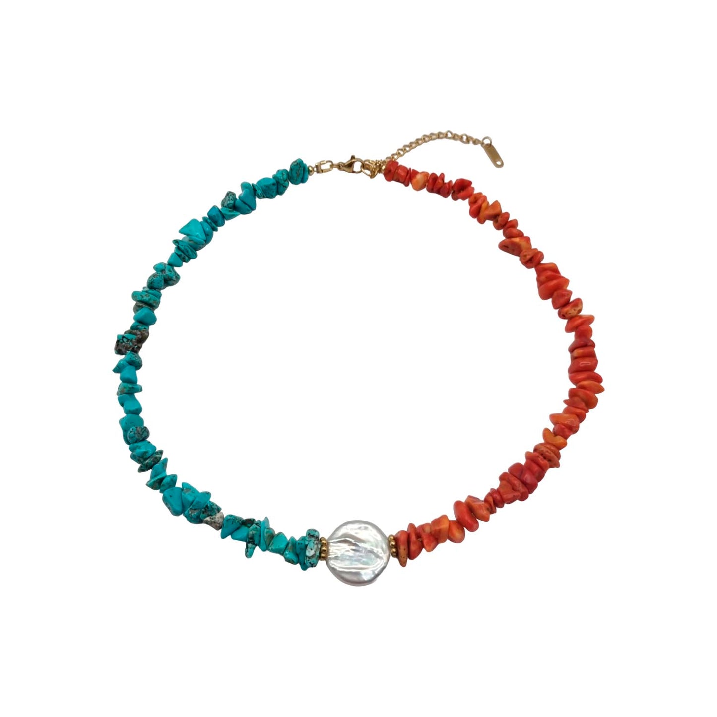 Collar coral rojo, turquesa y perla barroca