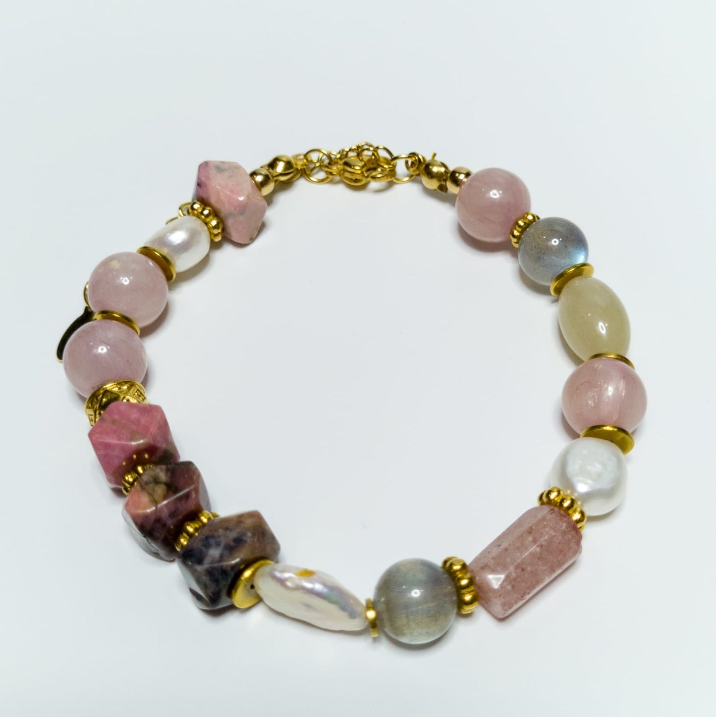 Pulsera Aurora - labradorita, rodocrosita, kunzunita y perlas barrocas