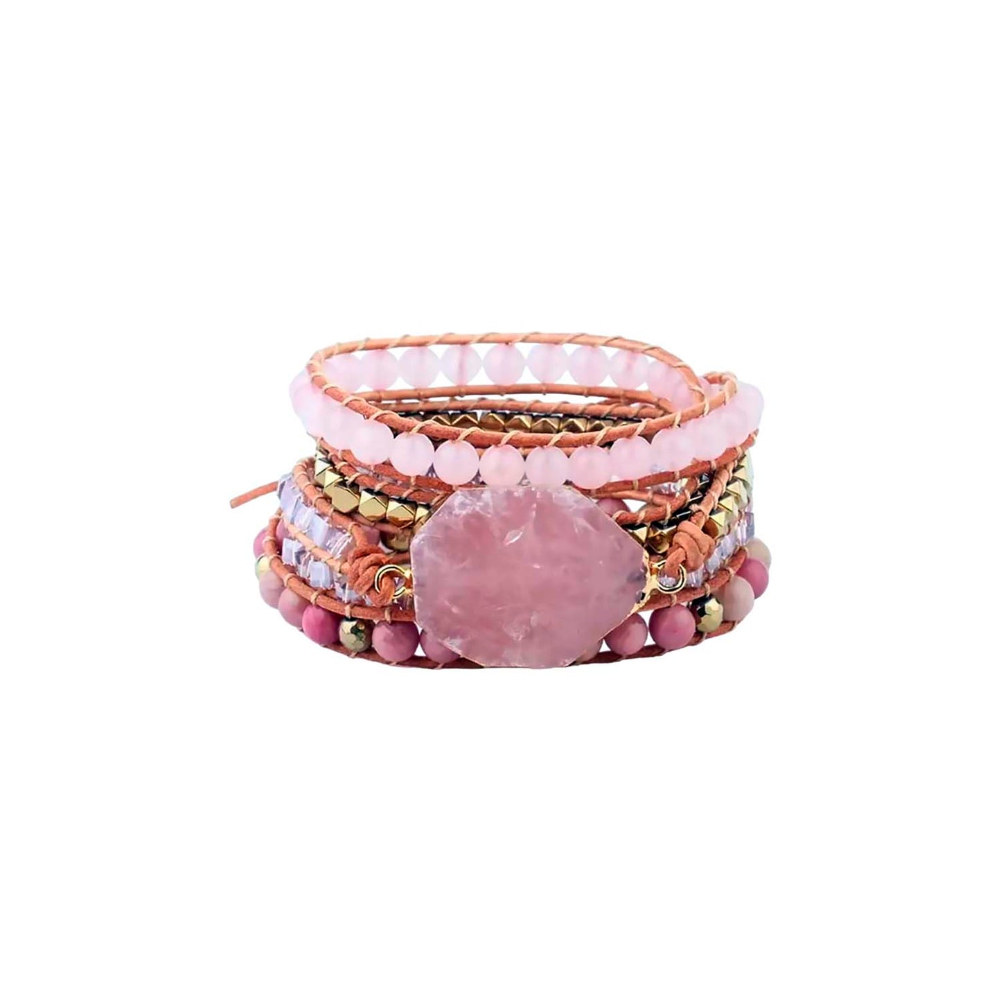Pulsera piedras naturales y cuero - Cuarzo rosado