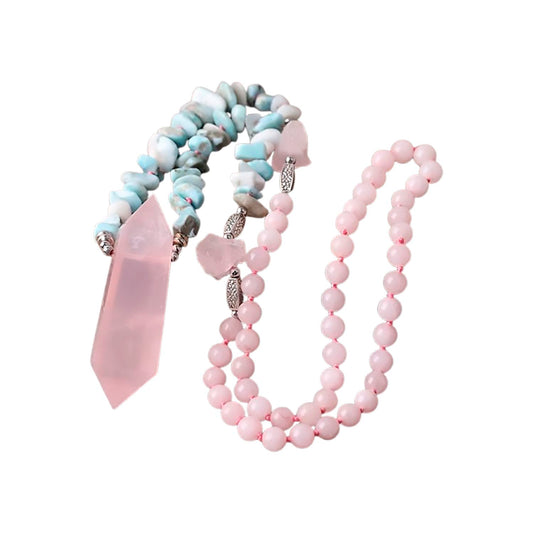 Collar de larimar y cuarzo - con Colgante de cristal de cuarzo
