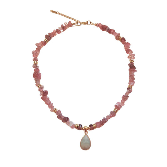 Collar Lagrima Rosa - cuarzo y turquesa blanca
