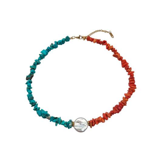 Collar coral rojo, turquesa y perla barroca
