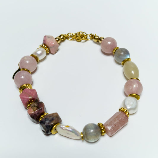 Pulsera Aurora - labradorita, rodocrosita, kunzunita y perlas barrocas