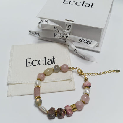 Pulsera Aurora - labradorita, rodocrosita, kunzunita y perlas barrocas