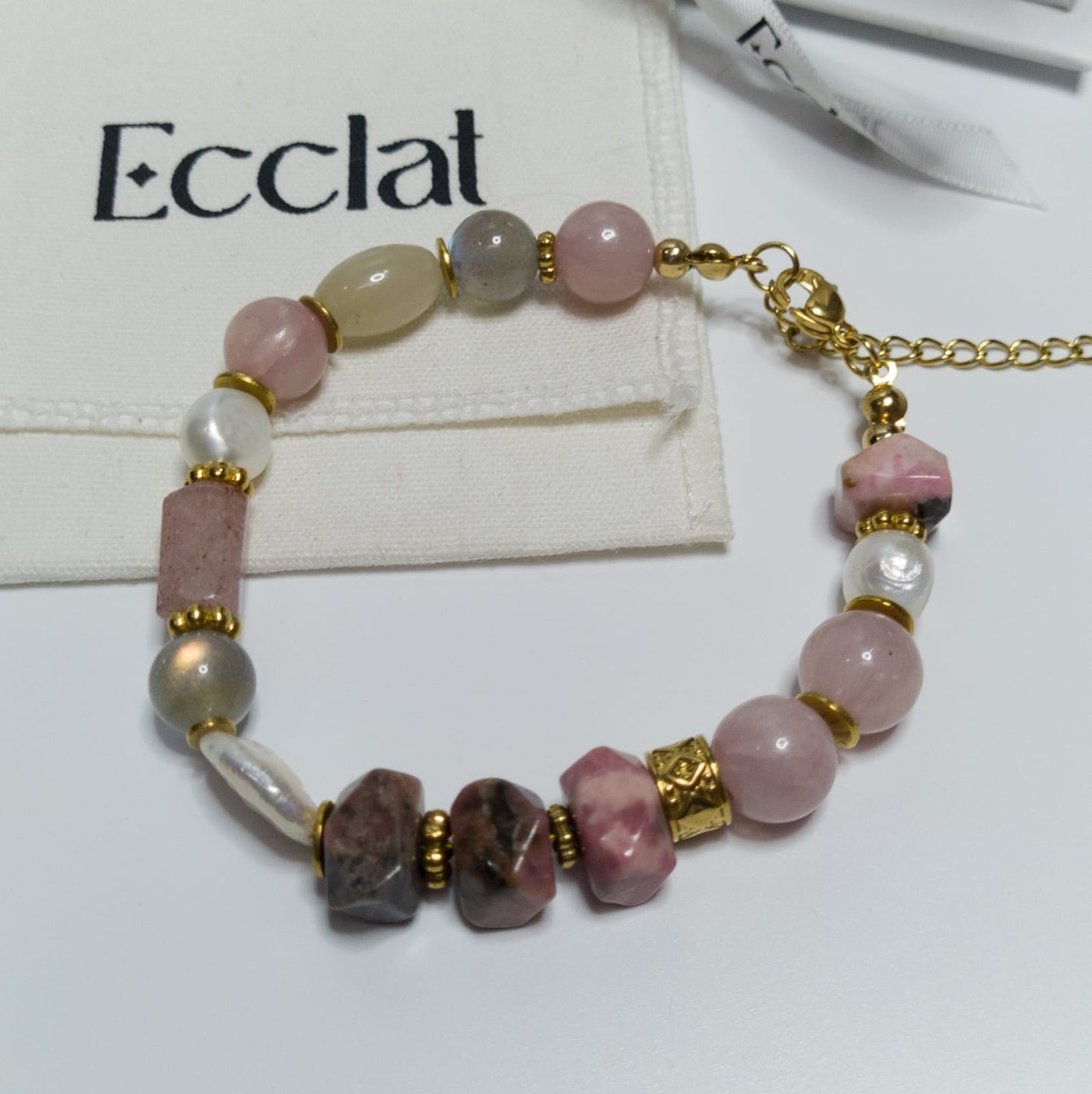Pulsera Aurora - labradorita, rodocrosita, kunzunita y perlas barrocas