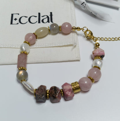 Pulsera Aurora - labradorita, rodocrosita, kunzunita y perlas barrocas