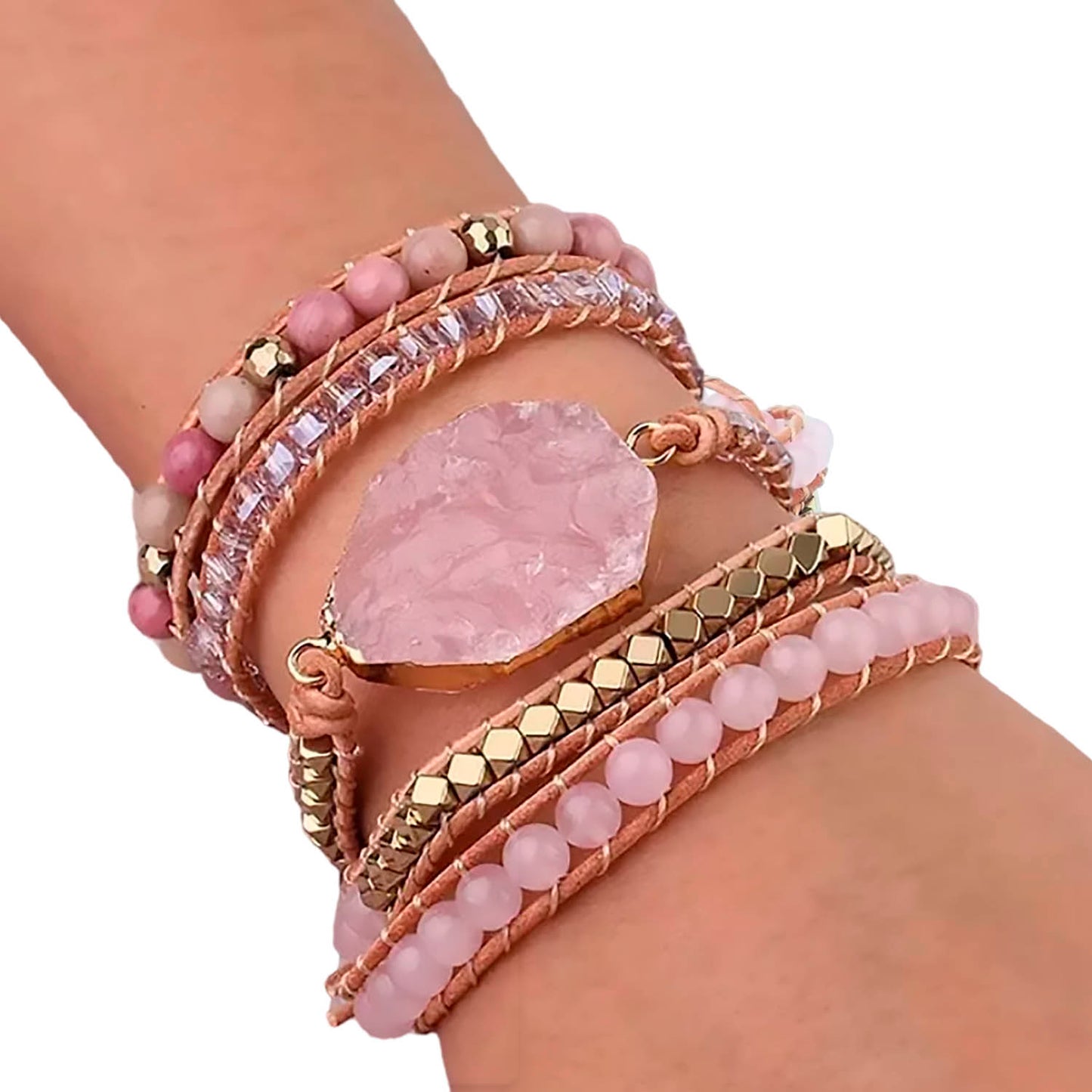 Pulsera  piedras naturales y cuero - Cuarzo rosado